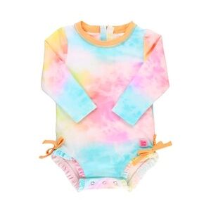 RuffleButts Baby Girl Rash Guard Swimsuit UPF 50+ Rainbow Tie Dye 18-24M